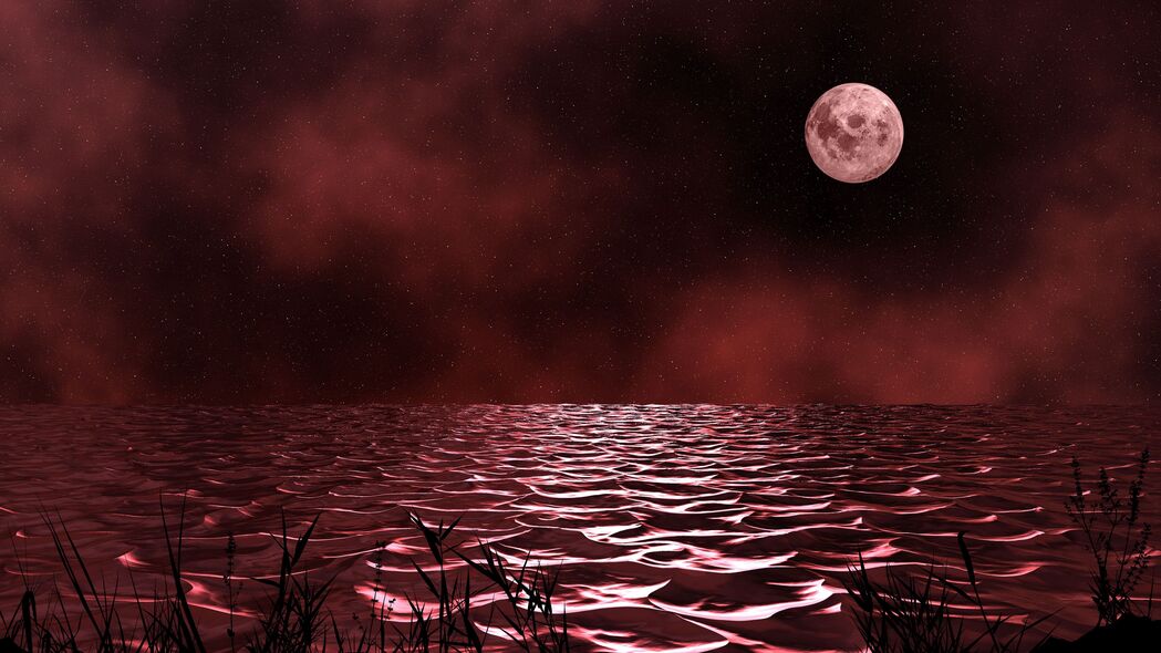 大海 夜晚 月亮 波浪 昏暗 红色 4k壁纸 3840x2160