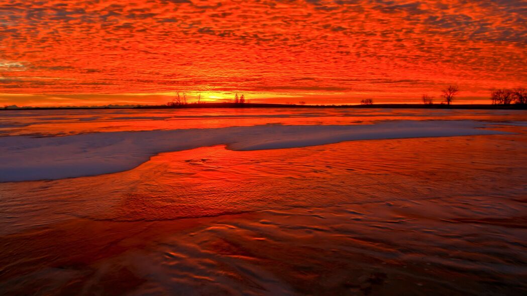 日落 海岸 雪 地平线 火热的 4k壁纸 3840x2160