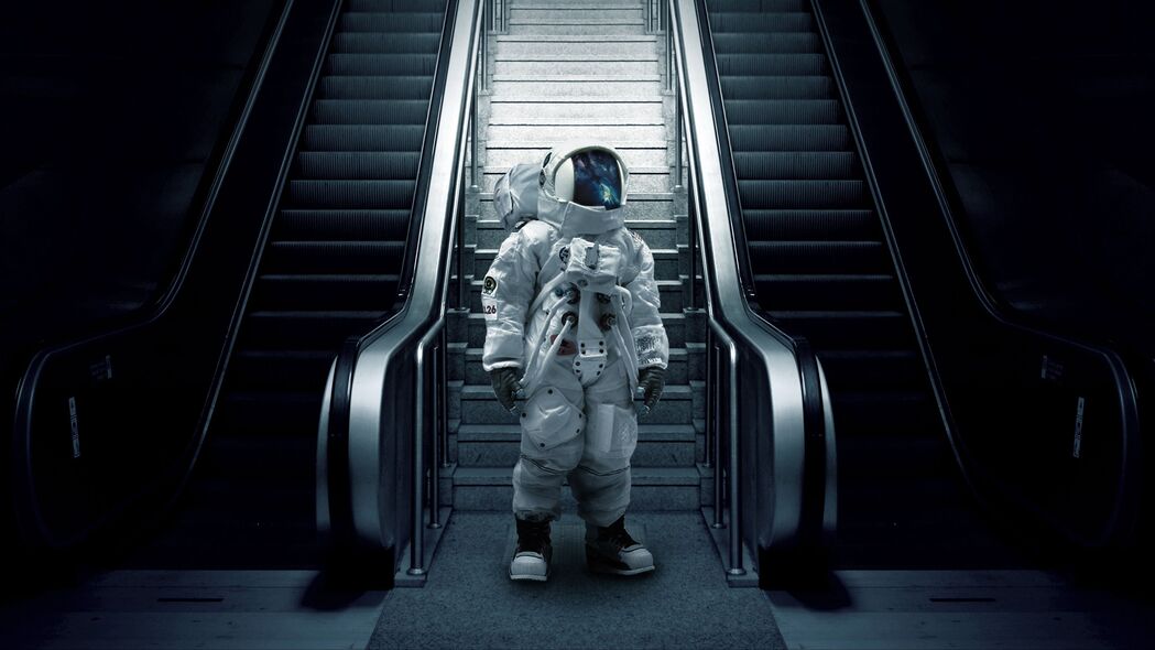 宇航员 宇航员 宇航服 自动扶梯 楼梯 4k壁纸 3840x2160
