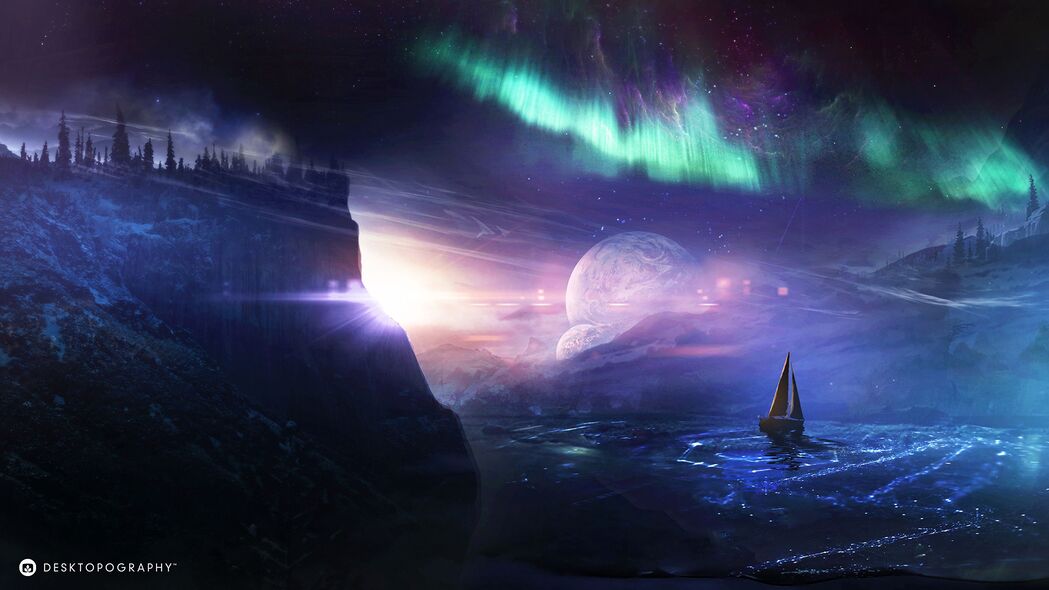 3840x2160 船 行星 北极光 艺术 夜间壁纸 背景
