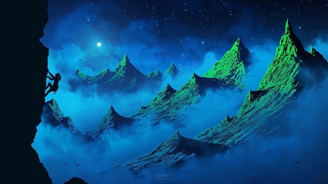 3840x2160 登山者 剪影 山脉 女孩 月亮 鸟 夜晚 雾壁纸 背景