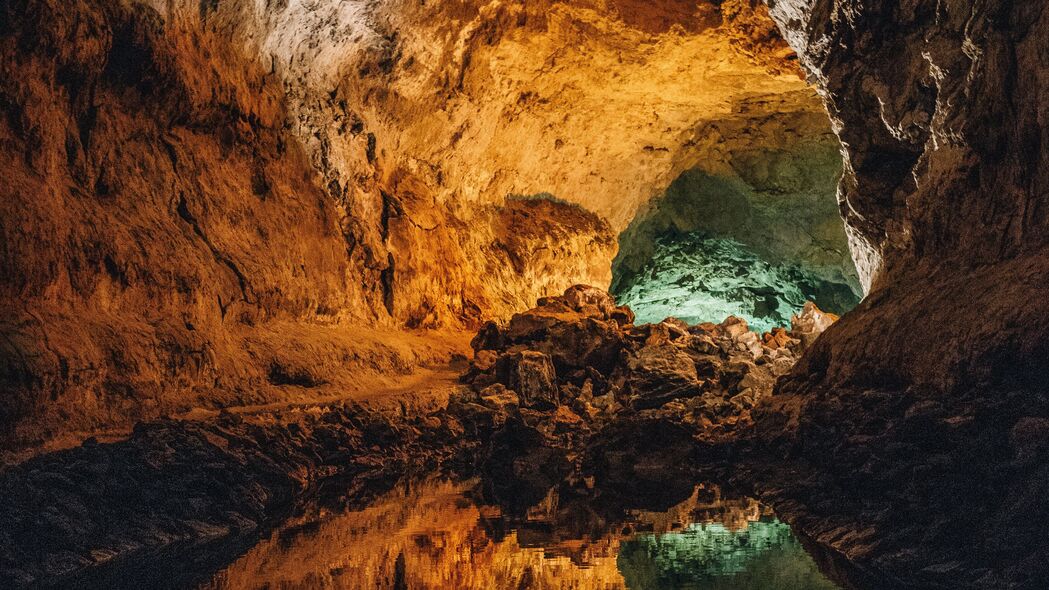 洞穴 水 反射 石头 内部 火山 cueva de los verdes 金丝雀岛 西班牙 4k壁纸 3840x2160