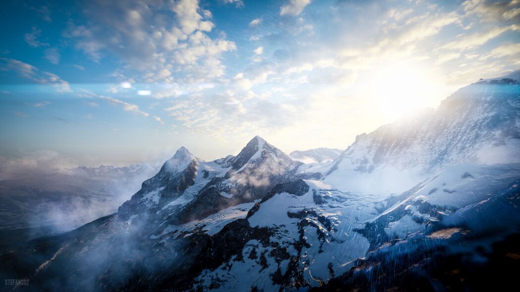 山脉之巅，阳光洒落，绝美4K雪地天空风景壁纸（3840x2160高清下载）