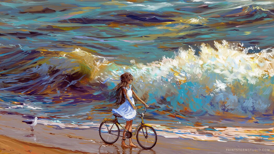自行车 自行车 儿童 艺术 海洋 海岸 4k壁纸 3840x2160