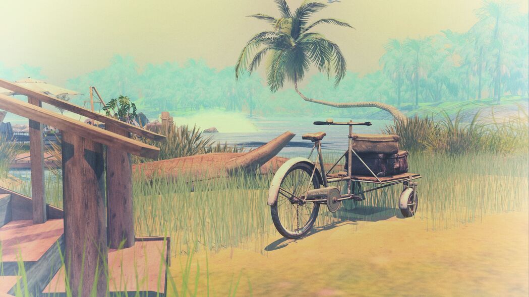 棕榈树 艺术 泻湖 海滩 自行车 草地 车轮 4k壁纸 3840x2160