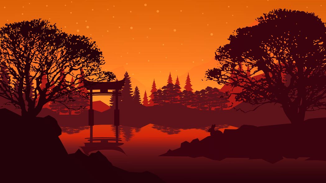  torii 风景 湖泊 树木 艺术 4k壁纸 3840x2160