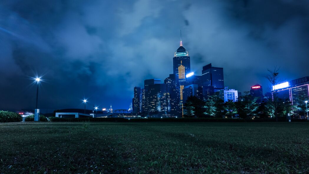夜城天际线，香港城市灯光与草地交融的4K高清壁纸（3840x2160）