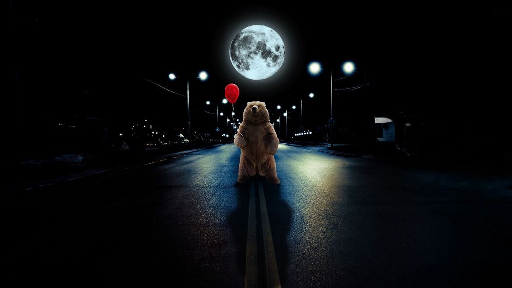 3840x2160 熊 气球 满月 道路 photoshop壁纸 背景