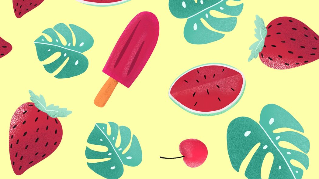 冰淇淋 西瓜 草莓 树叶 图案 4k壁纸 3840x2160