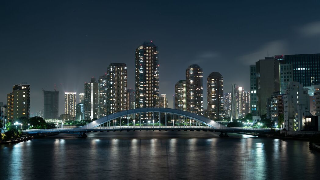 摩天大楼 桥梁 夜城 河流 东京 日本 4k壁纸 3840x2160