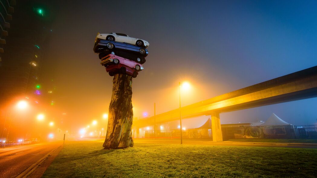  trans-am图腾 装置 汽车 艺术对象 树 夜城 雾 温哥华 4k壁纸 3840x2160
