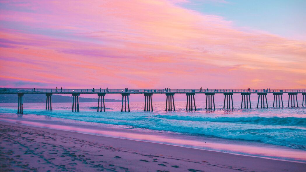 码头 大海 冲浪 粉红色 赫莫萨海滩 加利福尼亚 4k壁纸 3840x2160