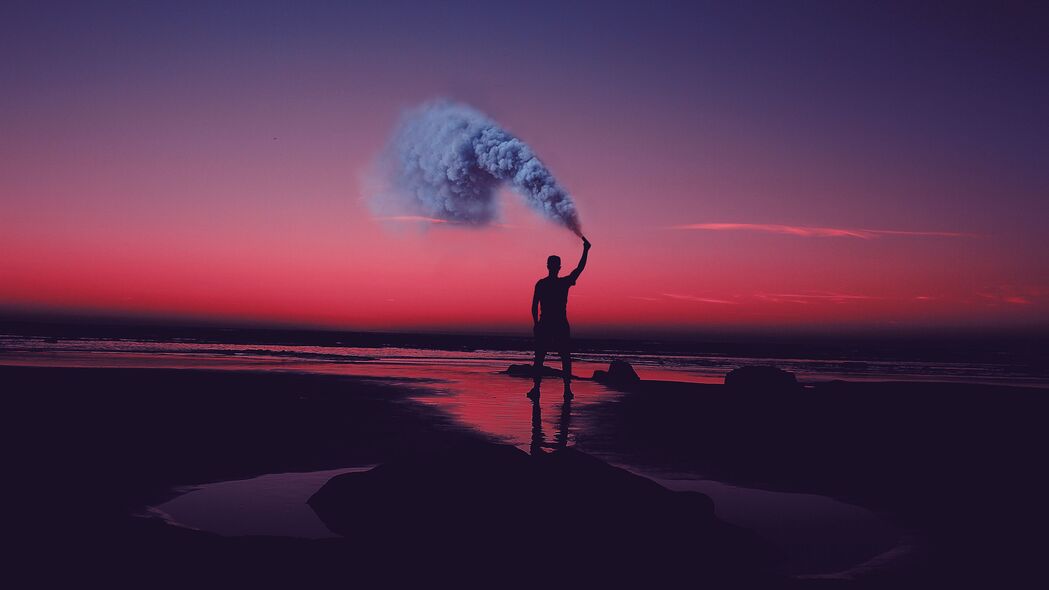 男人 剪影 烟雾 海岸 日落 大海 阿提拉 摩洛哥 4k壁纸 3840x2160