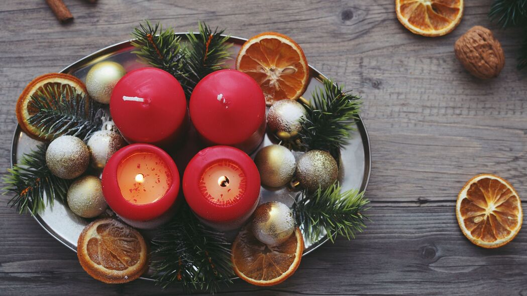 蜡烛 圣诞节 云杉 橙色 4k壁纸 3840x2160