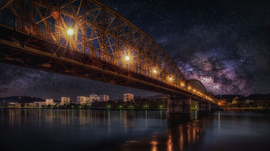 星空桥梁铁路夜晚HDR 4K超高清壁纸，3840x2160美景大图下载