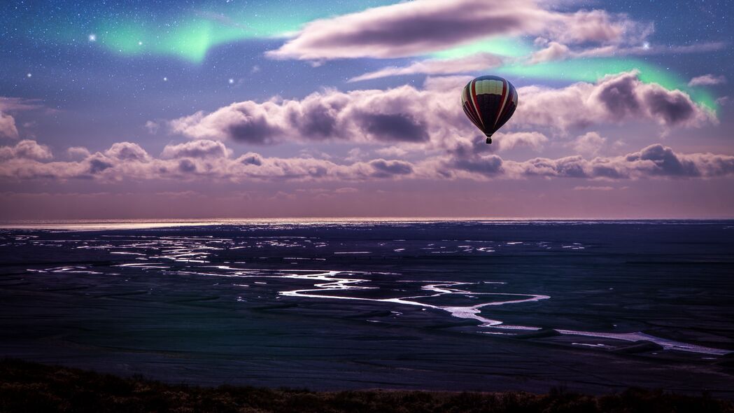 气球 海洋 北极光 海岸 云 4k壁纸 3840x2160