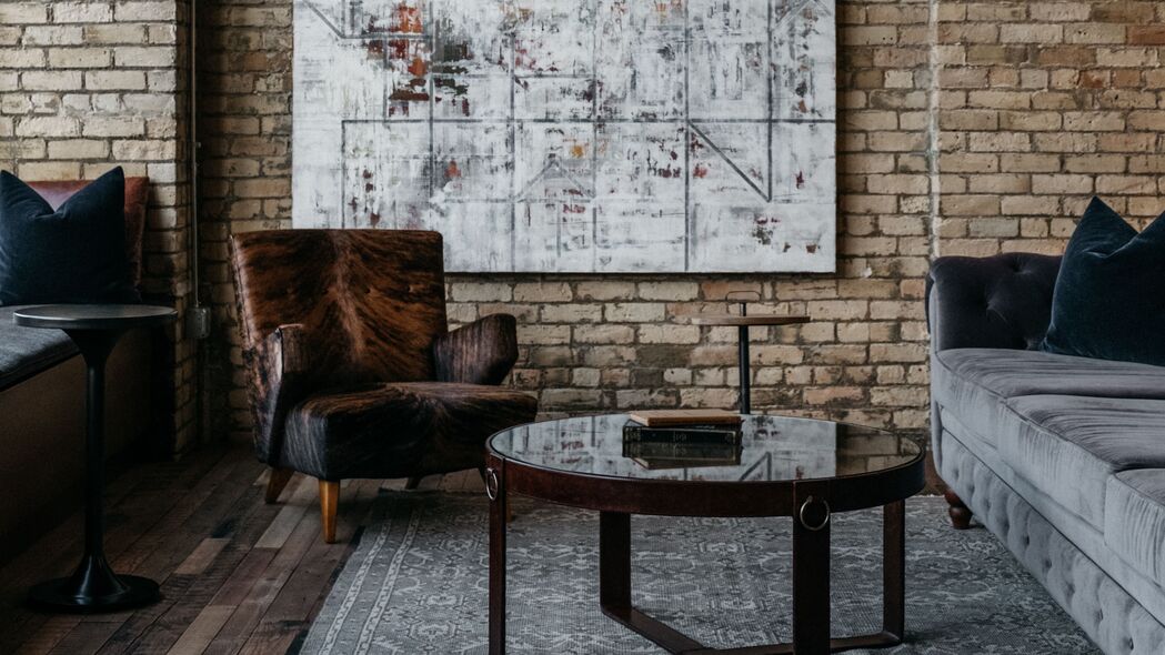 室内 设计 椅子 桌子 裸露的砖 绘画 4k壁纸 3840x2160