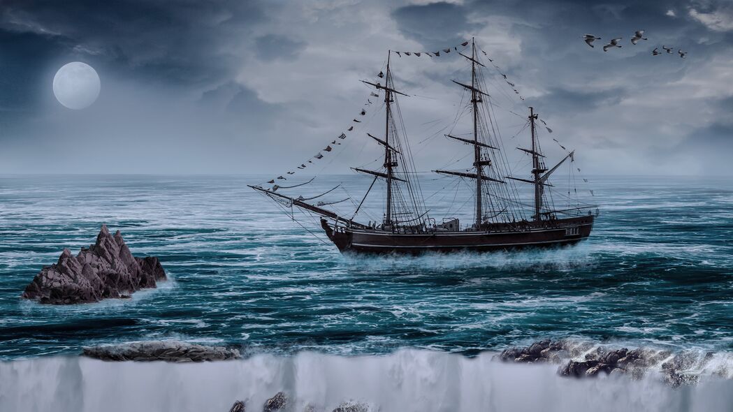 帆船 船 海 悬崖 波浪 photoshop 4k壁纸 3840x2160