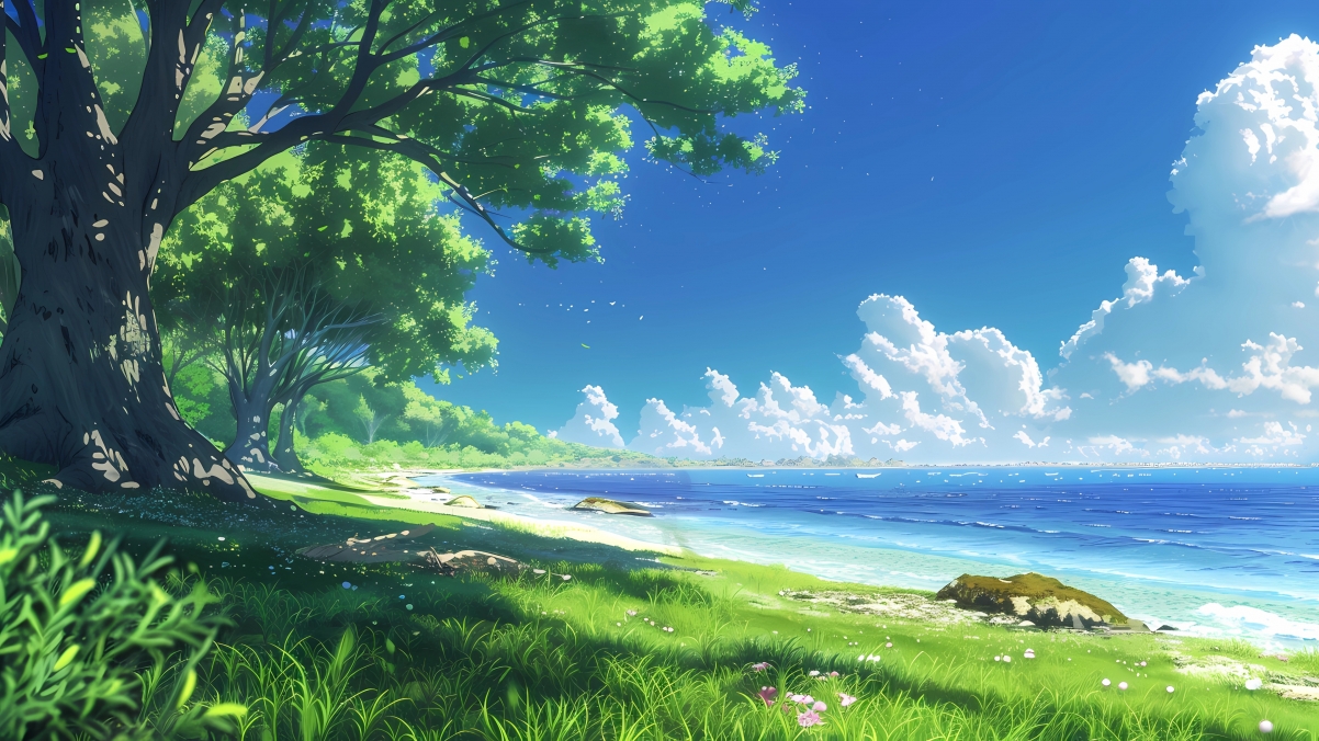 清凉一夏 夏天海边风景 绿树 草地 蓝天白云4K壁纸