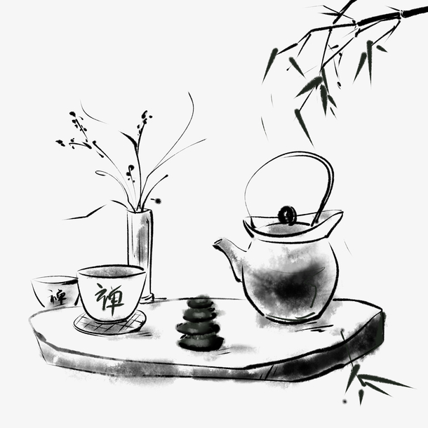 水墨禅意茶具PNG透明图，中国风装饰元素，AI设计素材免费下载