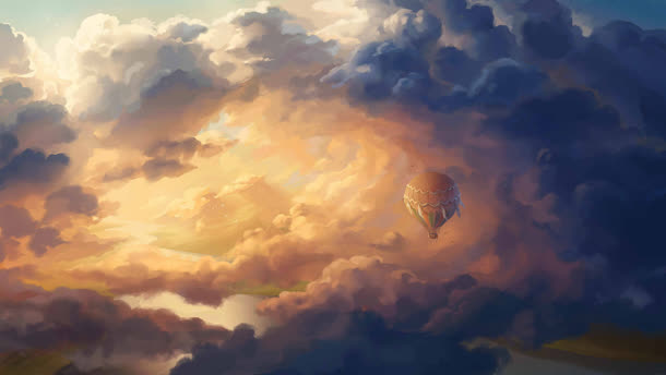 夕阳下乌云里的氢气球