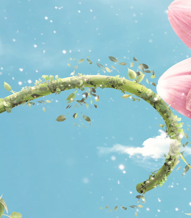蓝色天空背景PNG，不规则花朵藤蔓点缀，高清透明，抽象梦幻设计素材下载