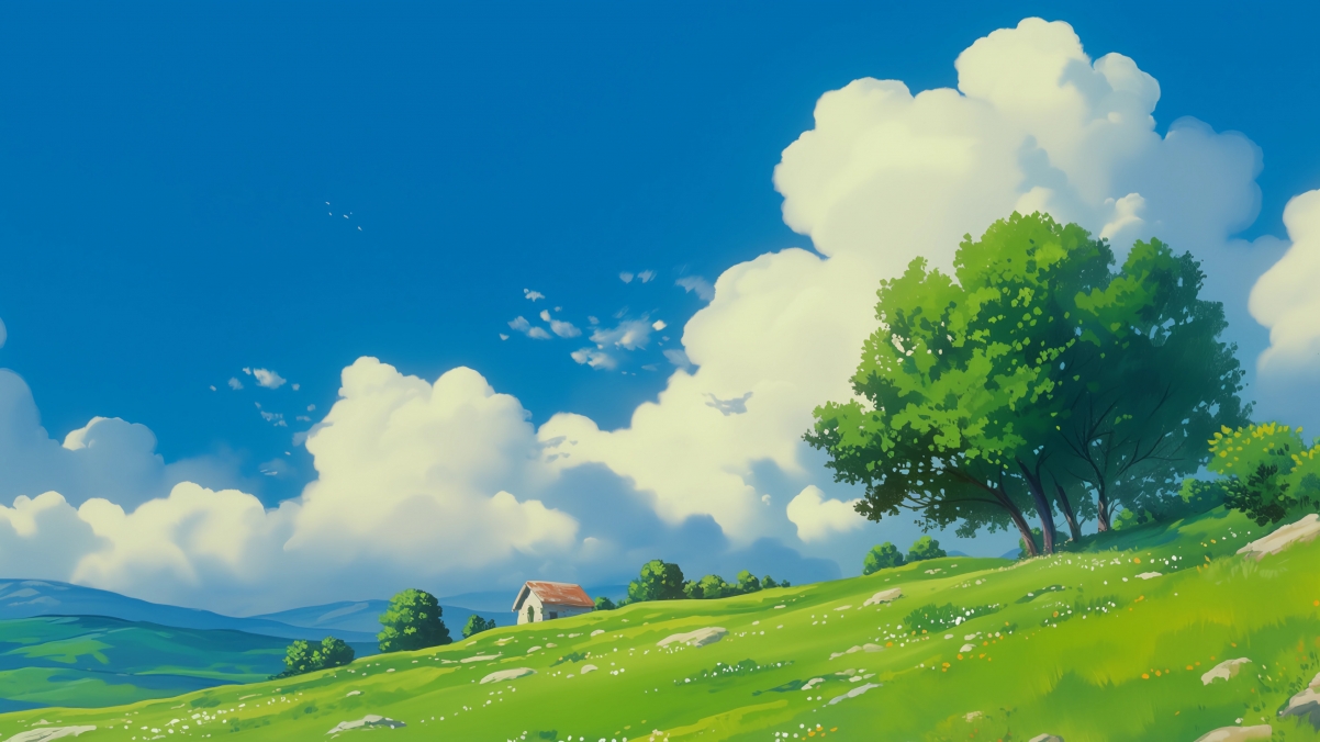 夏日美景，蓝天白云下的山树房舍，绿意盎然草地鲜花绽放，超高清4K风景壁纸下载