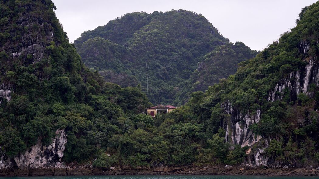 海山树林，森林海湾，绝美房子景色，3840x2160超清4K壁纸下载