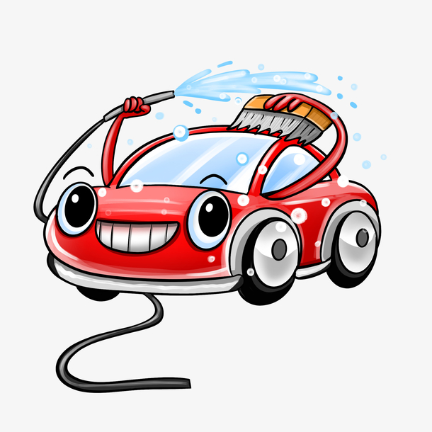 可爱卡通拟人红色洗车形象PNG透明图，免扣元素及设计素材下载