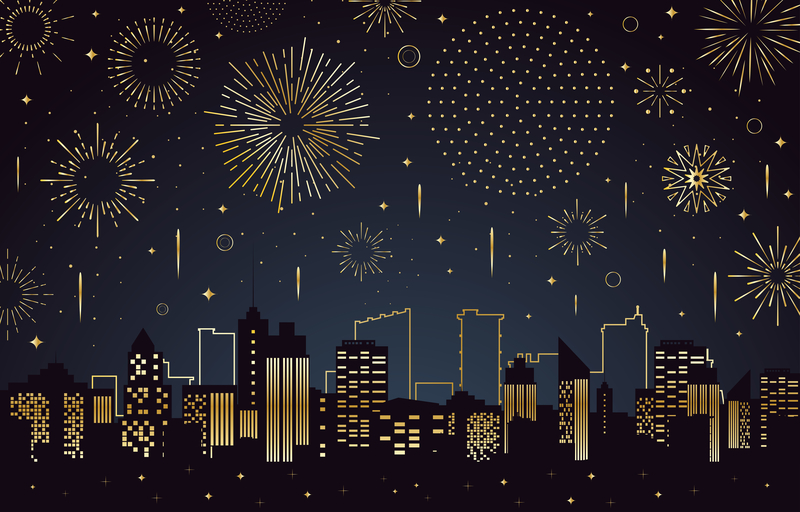 新年璀璨烟花夜景，城市繁荣景象高清JPG素材下载