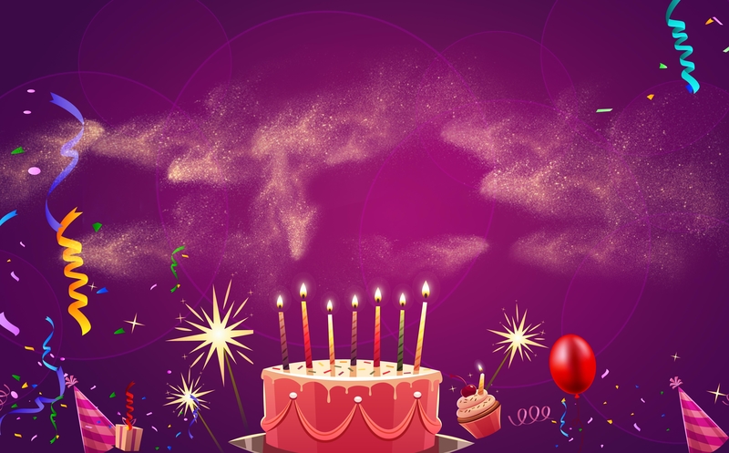 紫色矢量洒金蛋糕生日派对海报背景，高清JPG图片素材，另类设计风格，一键下载