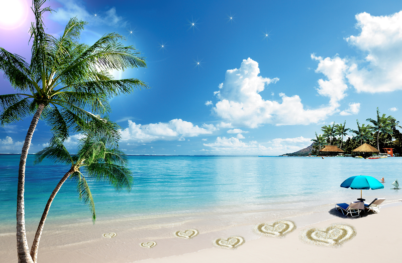 三亚旅游海报素材，蓝天海水椰树背景，高清JPG图片下载