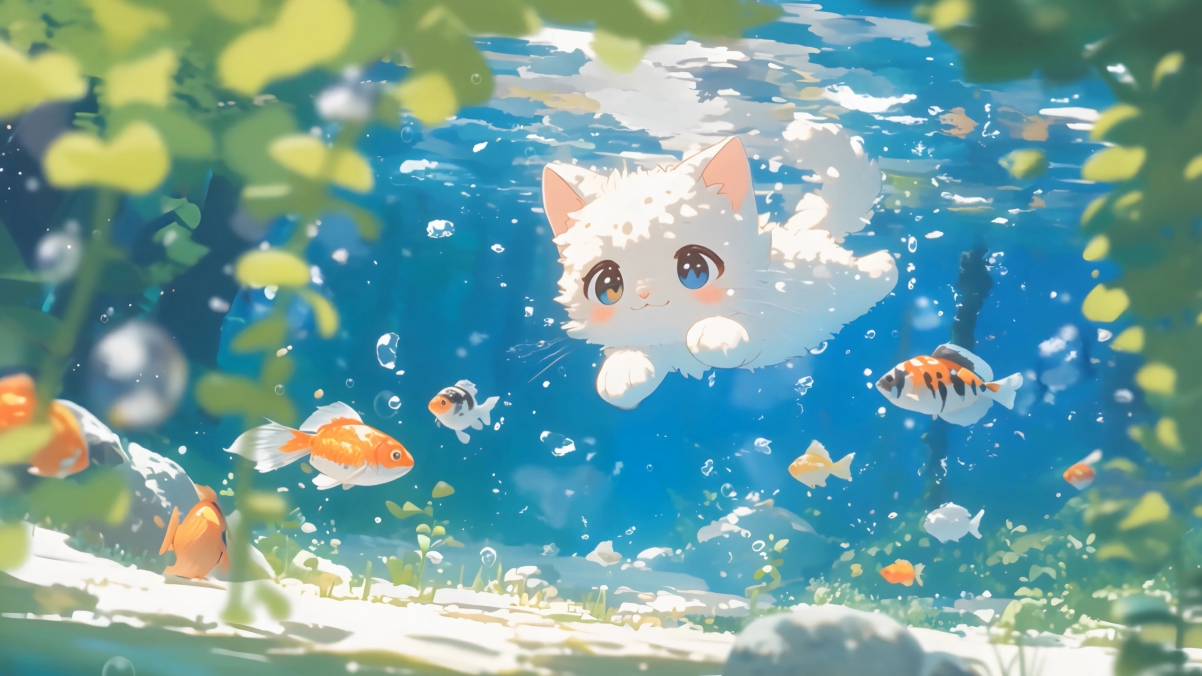 小猫戏水鱼趣，绝美4K动漫壁纸，3840x2160超高清下载