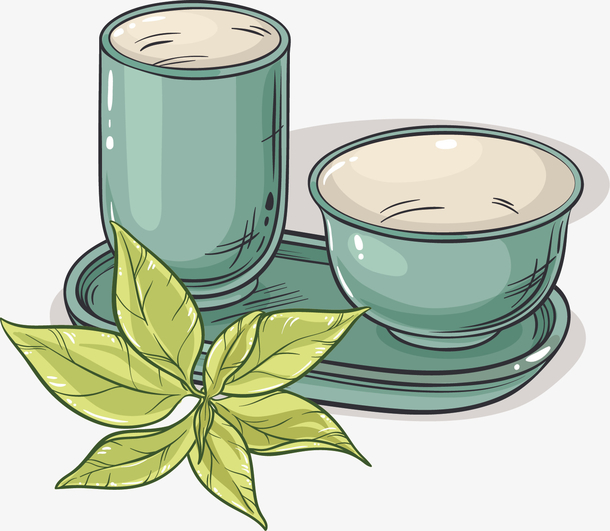 矢量茶杯茶叶PNG透明图片，手绘卡通元素，高清素材下载