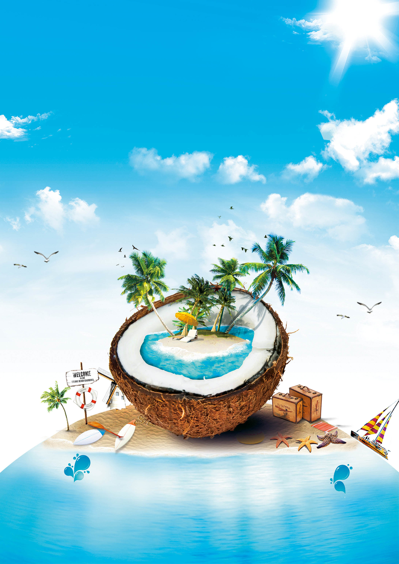 三亚旅游水彩海报，高清JPG及其他创意设计素材，免费下载