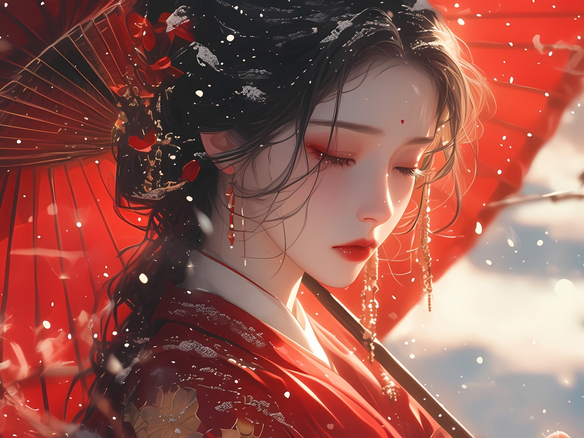 雪中红妆佳人，高清平板动漫古装美女壁纸，2732x2048免费下载