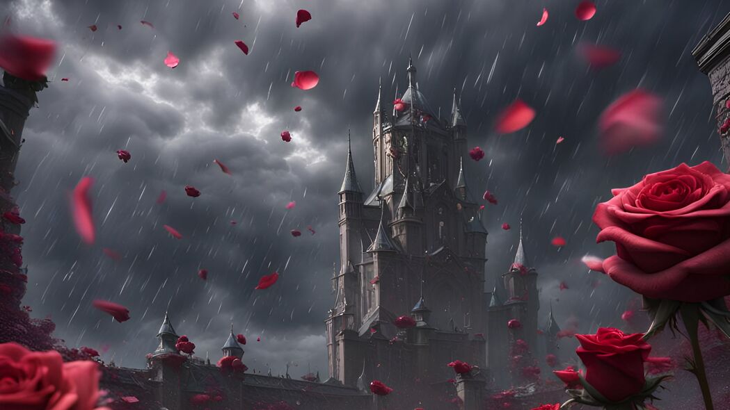 绝美城堡雨景，玫瑰花瓣下的艺术盛宴，超高清4K壁纸（3840x2160）免费下载