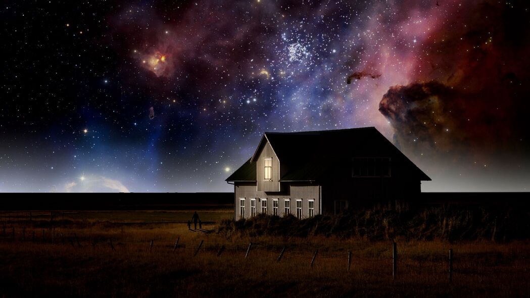 梦幻银河星空4K壁纸，高清3840x2160房子与星星夜间美景，免费下载