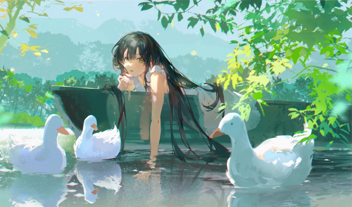 绝美动漫风景，女孩与船上的小鸭子，4K高清壁纸下载（3840x2262）