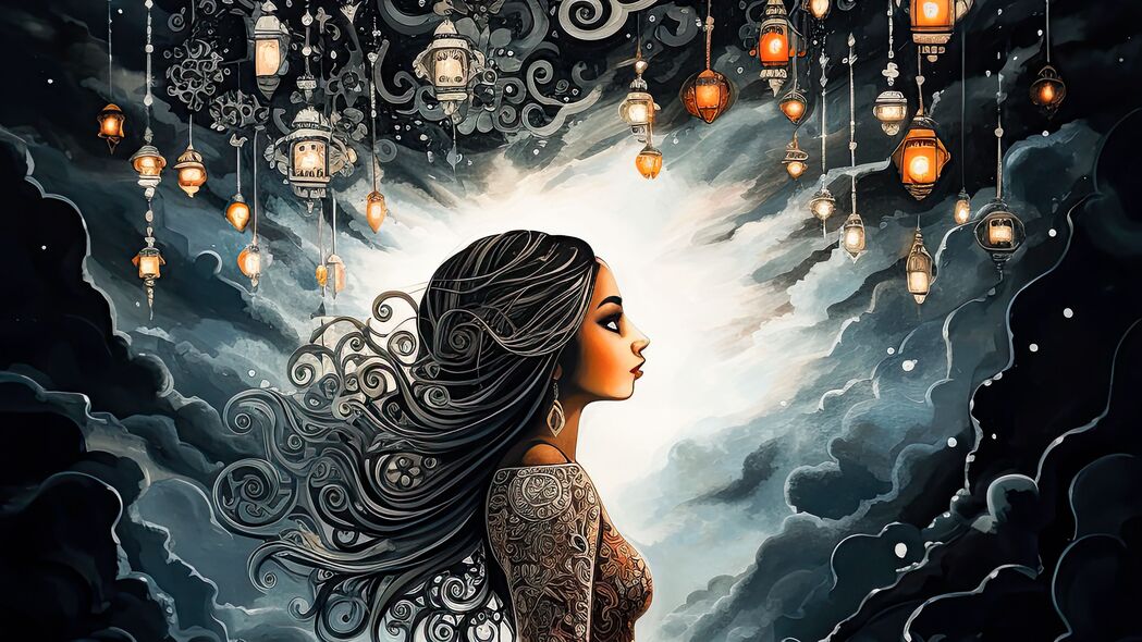 梦幻女孩与珠宝之光，云浪交织的艺术4K壁纸，3840x2160高清下载