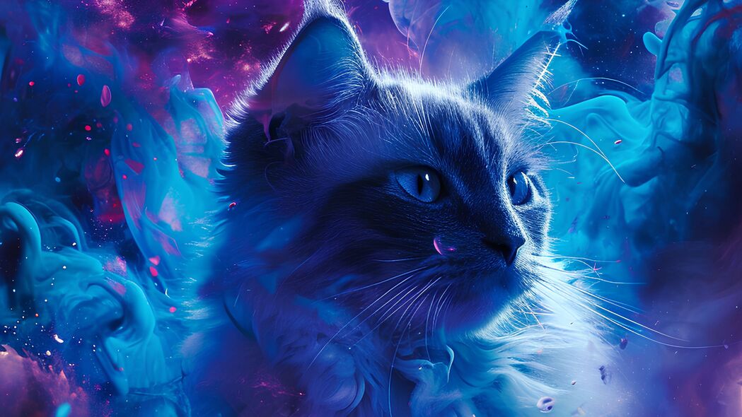 高清4K壁纸，蓝色烟云中的艺术猫，动物主题壁纸3840x2160，免费下载