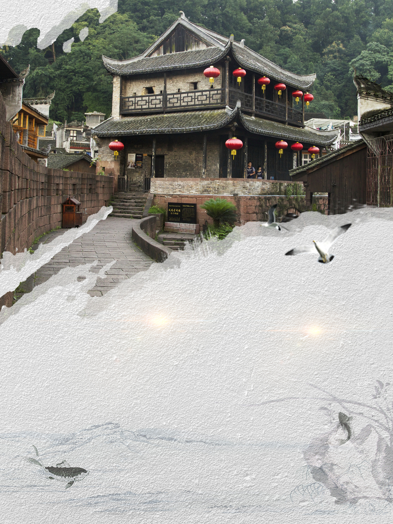 高清JPG背景素材，湖南凤凰古城古镇旅游海报，创意图片设计资源免费下载