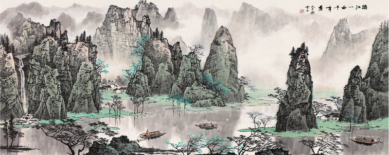 中国国画风景山水画，复古高清JPG背景图及中国风设计素材下载