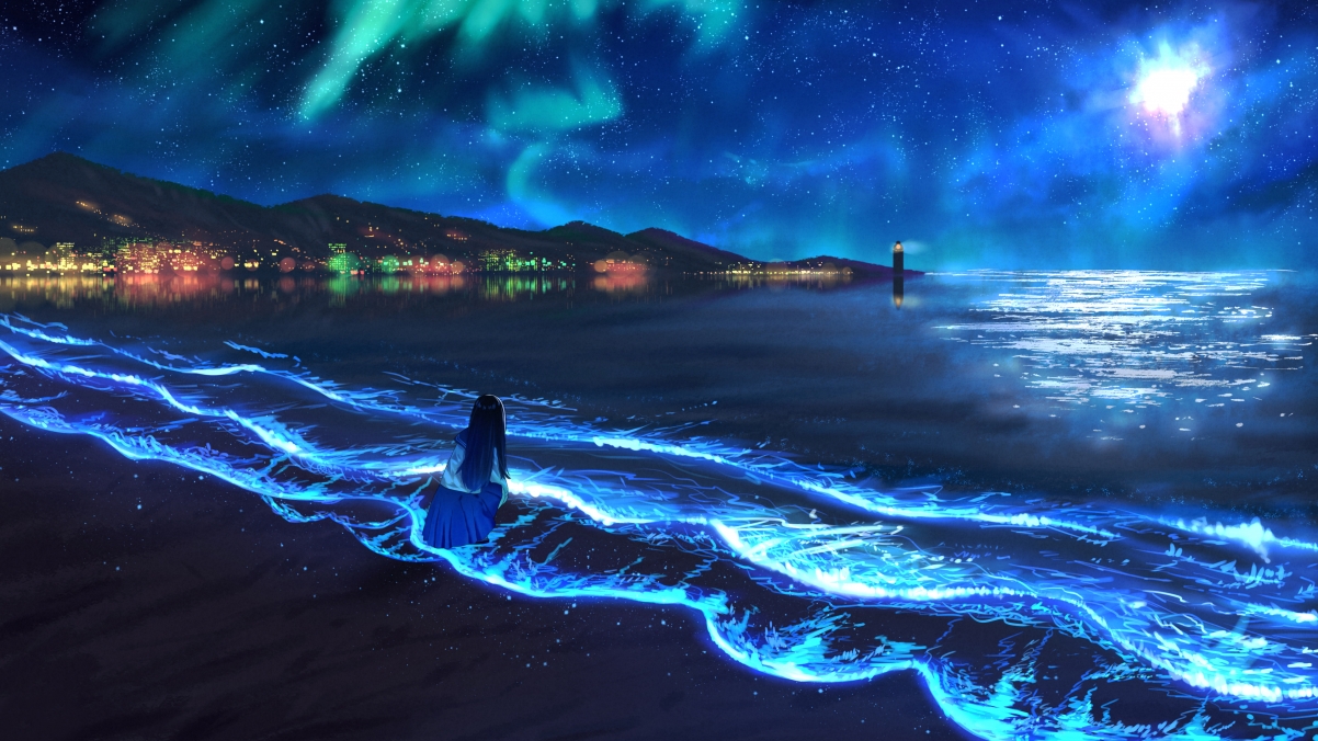 绝美星空海洋夜景，女孩仰望4K超清动漫壁纸下载（3840x2160高清）