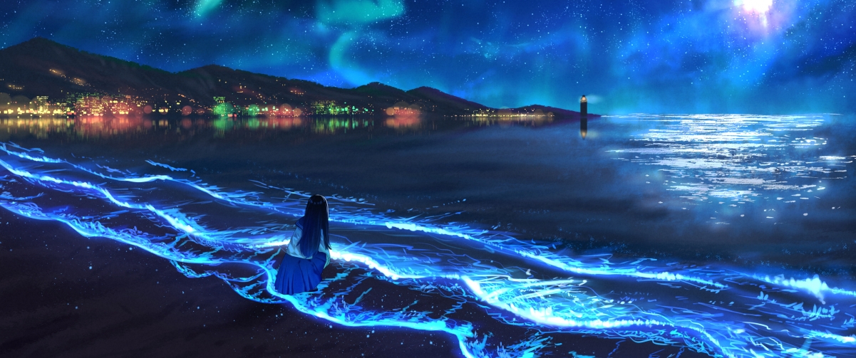 梦幻星空下的沙滩海洋夜景——4K高清动漫壁纸，适配3440x1440带鱼屏，绝美风景一键下载