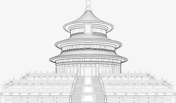 中国风天坛建筑高清线稿PNG，透明背景装饰元素，设计素材免费下载