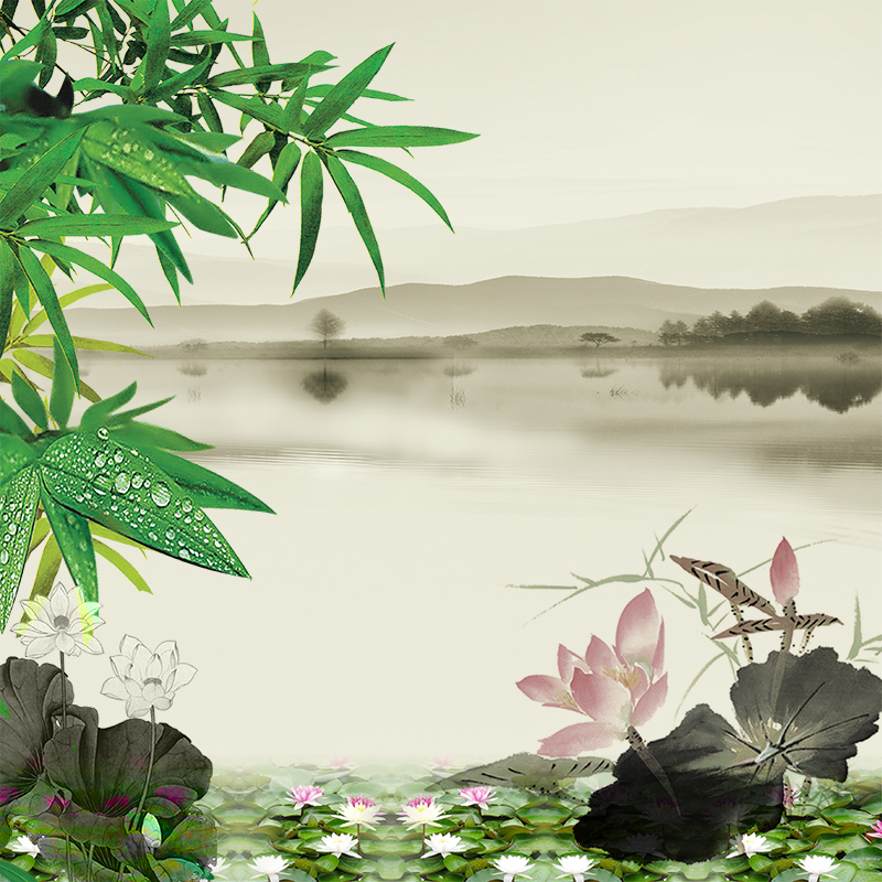 古典国风手绘水墨画精选，荷花荷叶与山水竹子，高清复古JPG素材，中国风设计下载