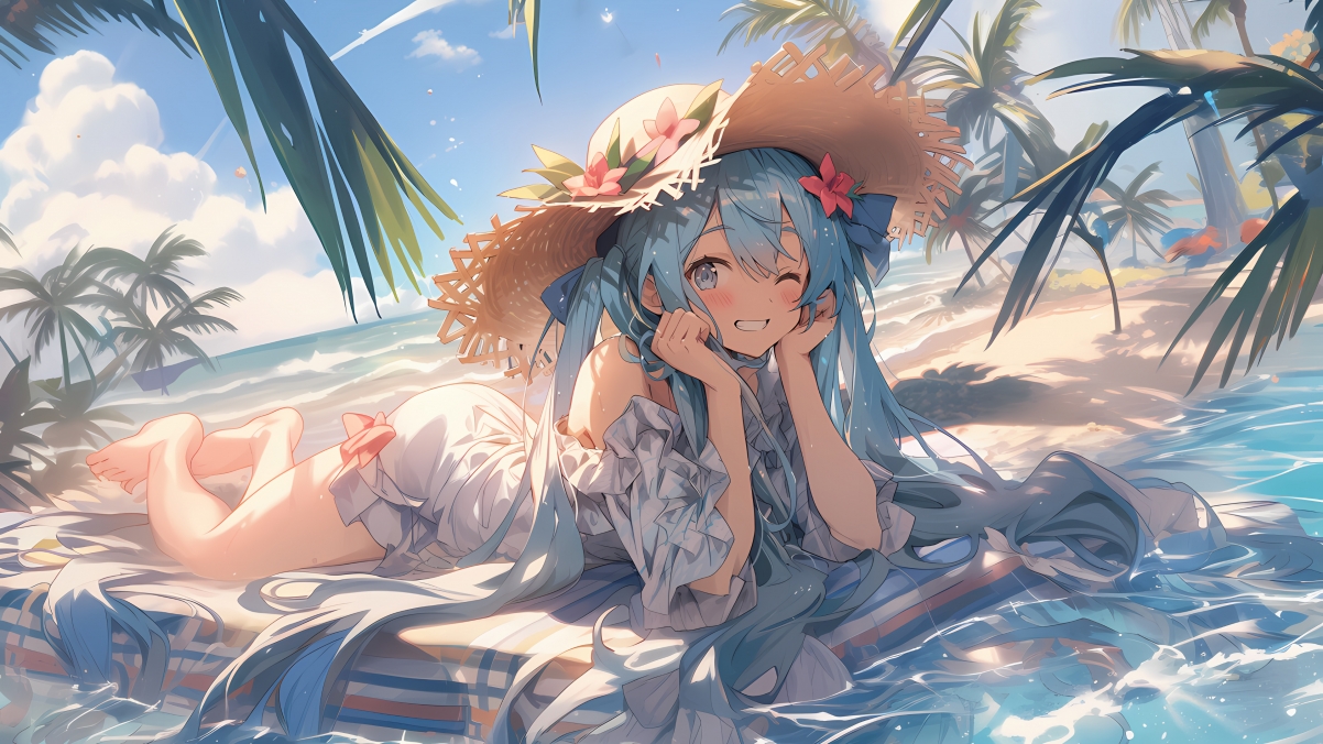 绝美海边初音女孩，戴帽4K超清动漫壁纸，3840x2160高清下载