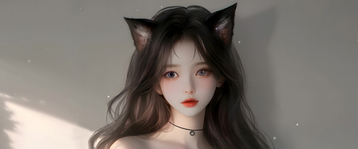 绝美猫耳少女，飘逸长卷发配纯白裙摆，专属4K带鱼屏壁纸（3440x1440），高清动漫美图，一键下载