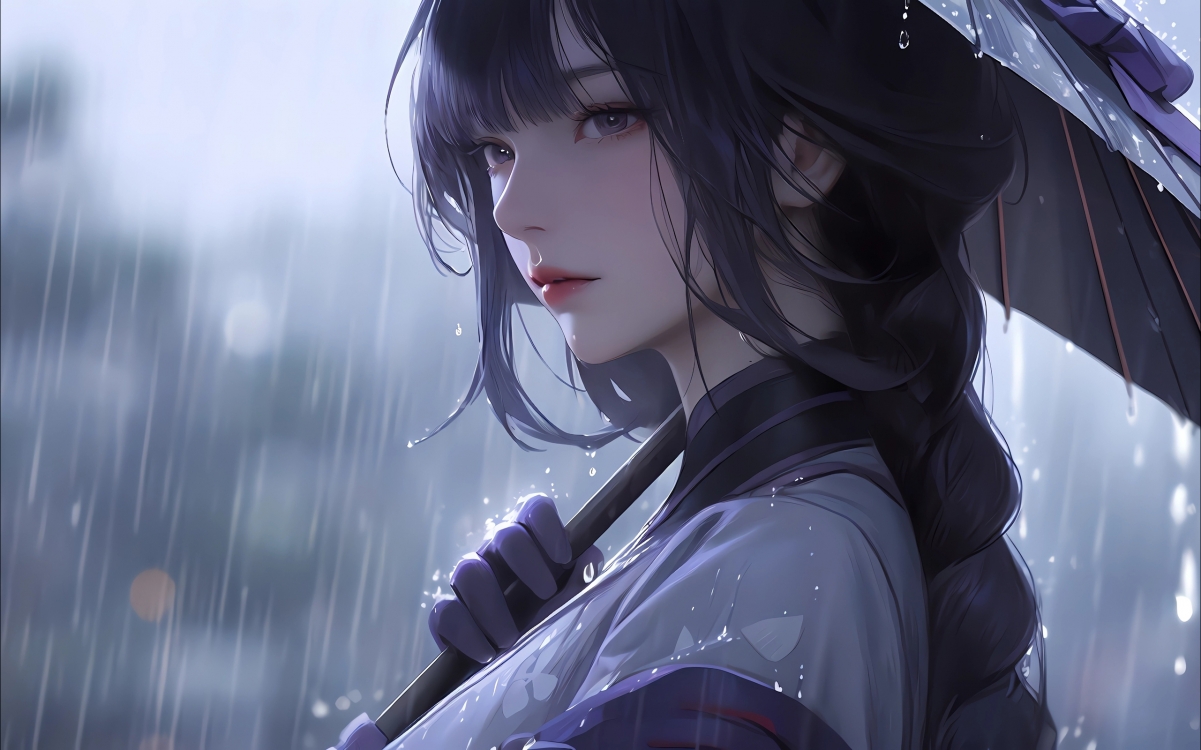 动漫女孩长发撑伞雨景 2560x1600超高清2K笔记本壁纸下载